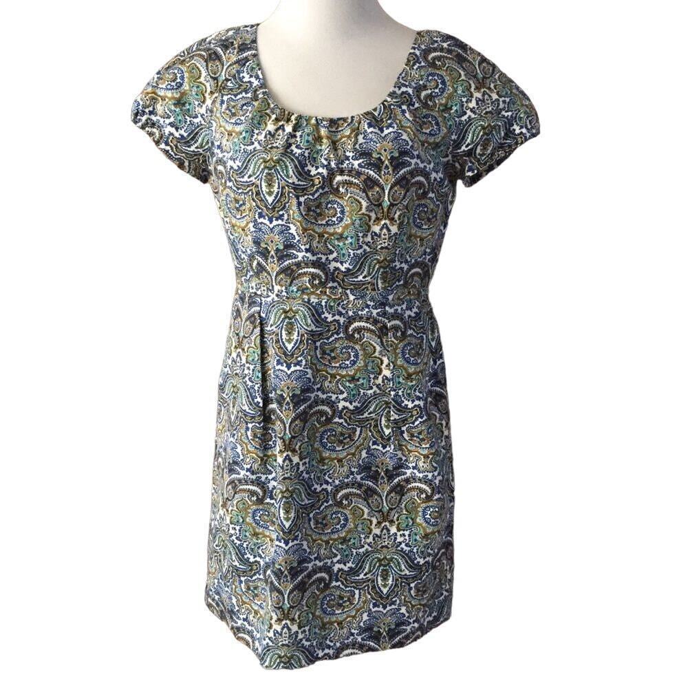 Women's J. Crew Scoopneck Dress sz 6 Short Sleeve Blue Paisley Print Silk Dress
